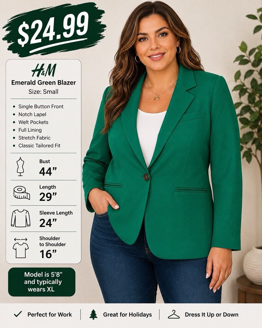 H&M Women’s Small Emerald Green Blazer Single Button Notch Lapel Career Jacket